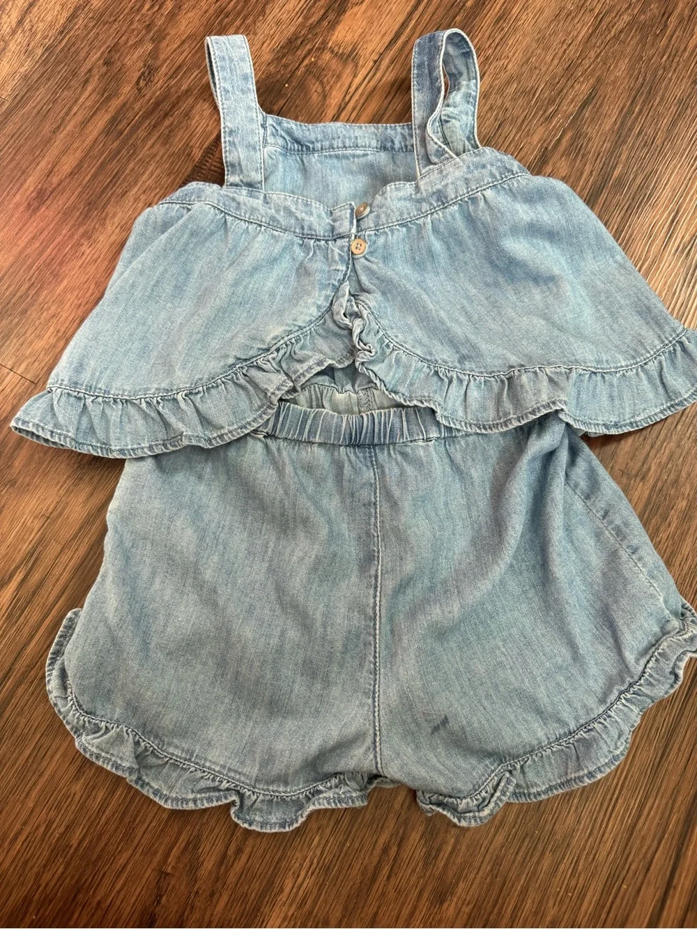 GAP Light Denim Ruffle Romper in Light Blue